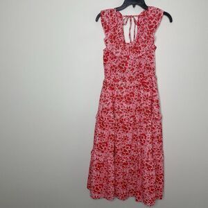 J.CREW Midi Dress Women 4 Pink Red Floral NEW Tiered 100% Cotton Pockets BZ795